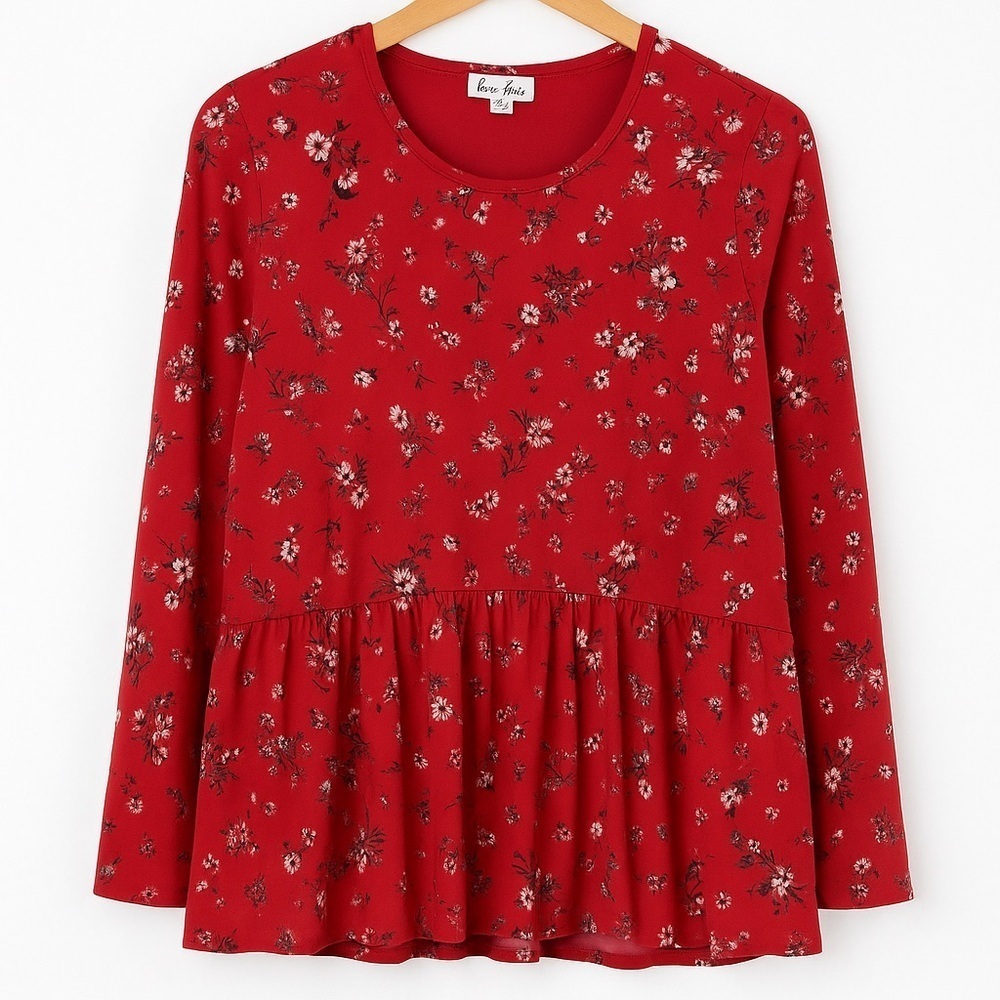 Love Fire Red Floral Peplum Long Sleeve Top Size 1X
